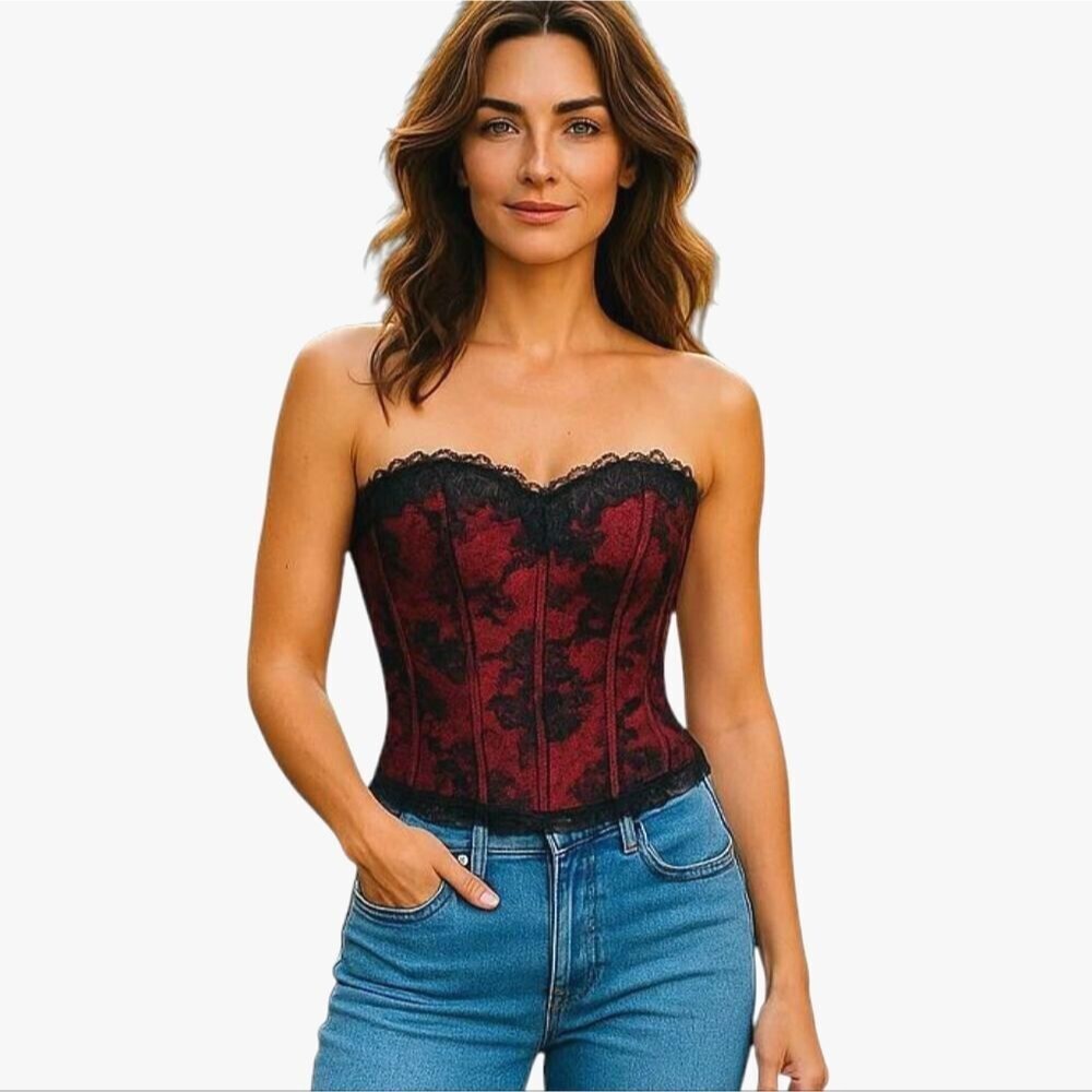 Fredericks Of Hollywood Vintage 70s Corset Bustier Whimsigoth Black Red Lace 38